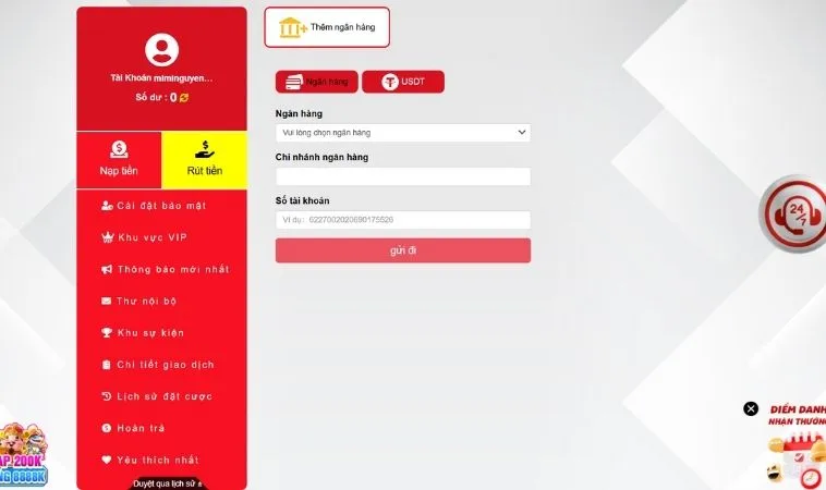 Giao diện rút tiền J88